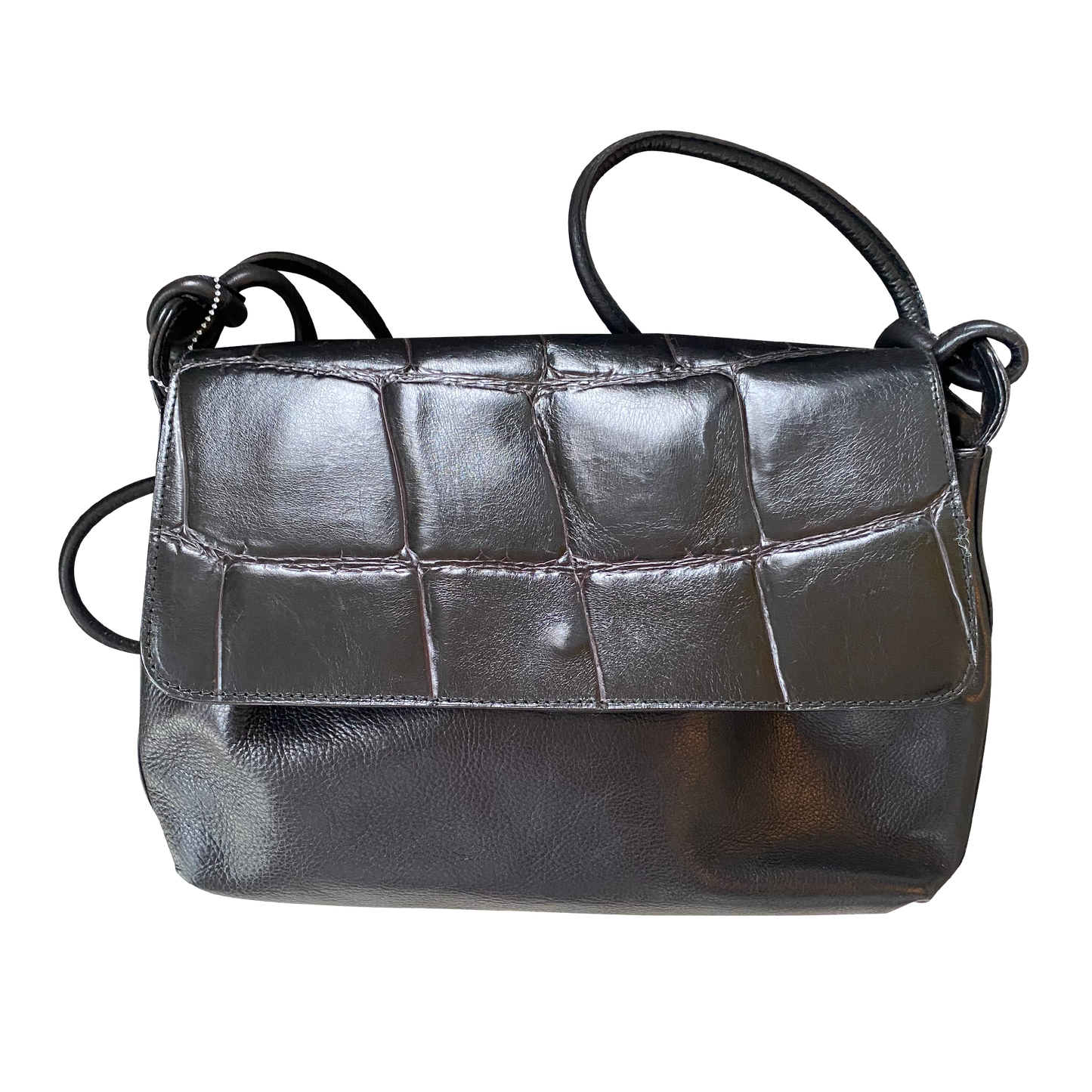 Black Croc-Embossed Leather Shoulder Bag