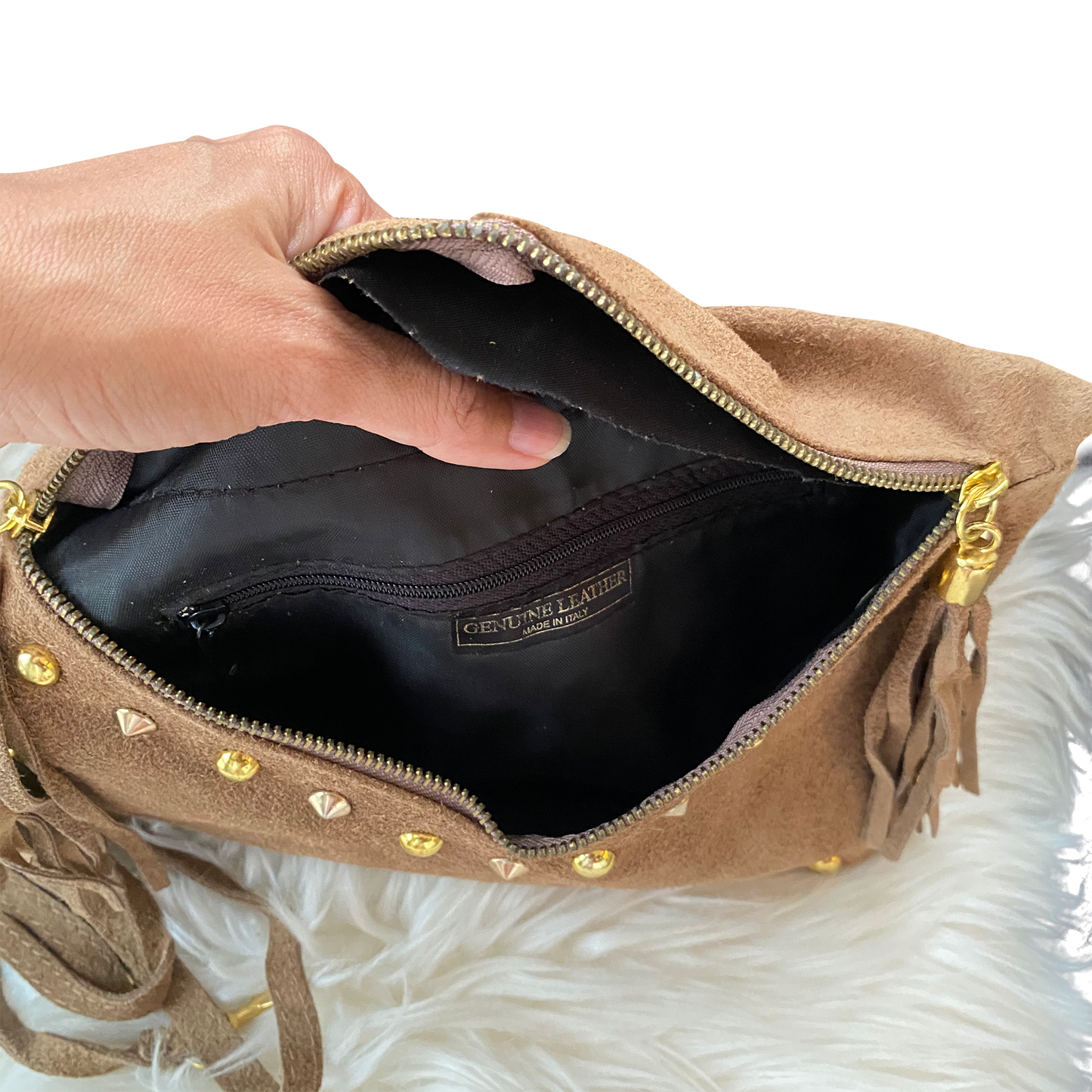 Tan Suede Leather Studded Tassel Crossbody Bag