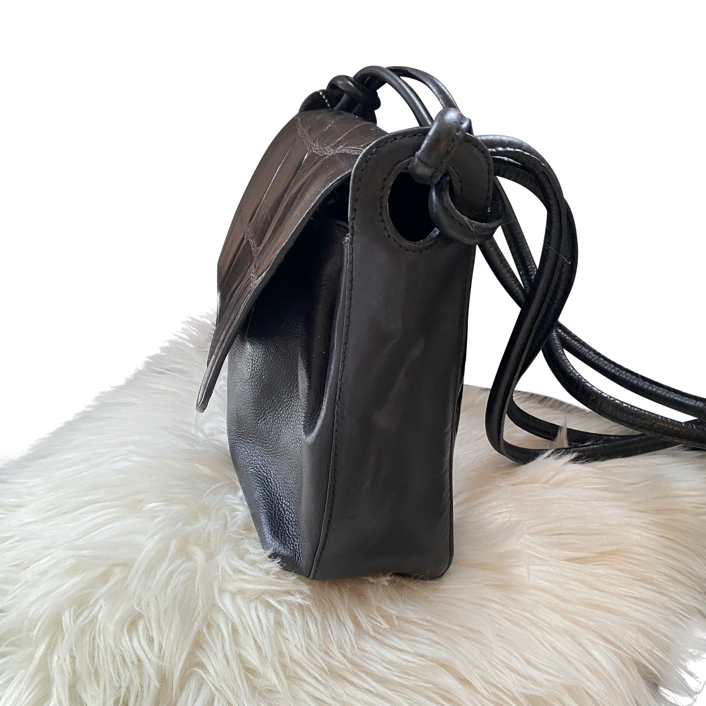 Black Croc-Embossed Leather Shoulder Bag