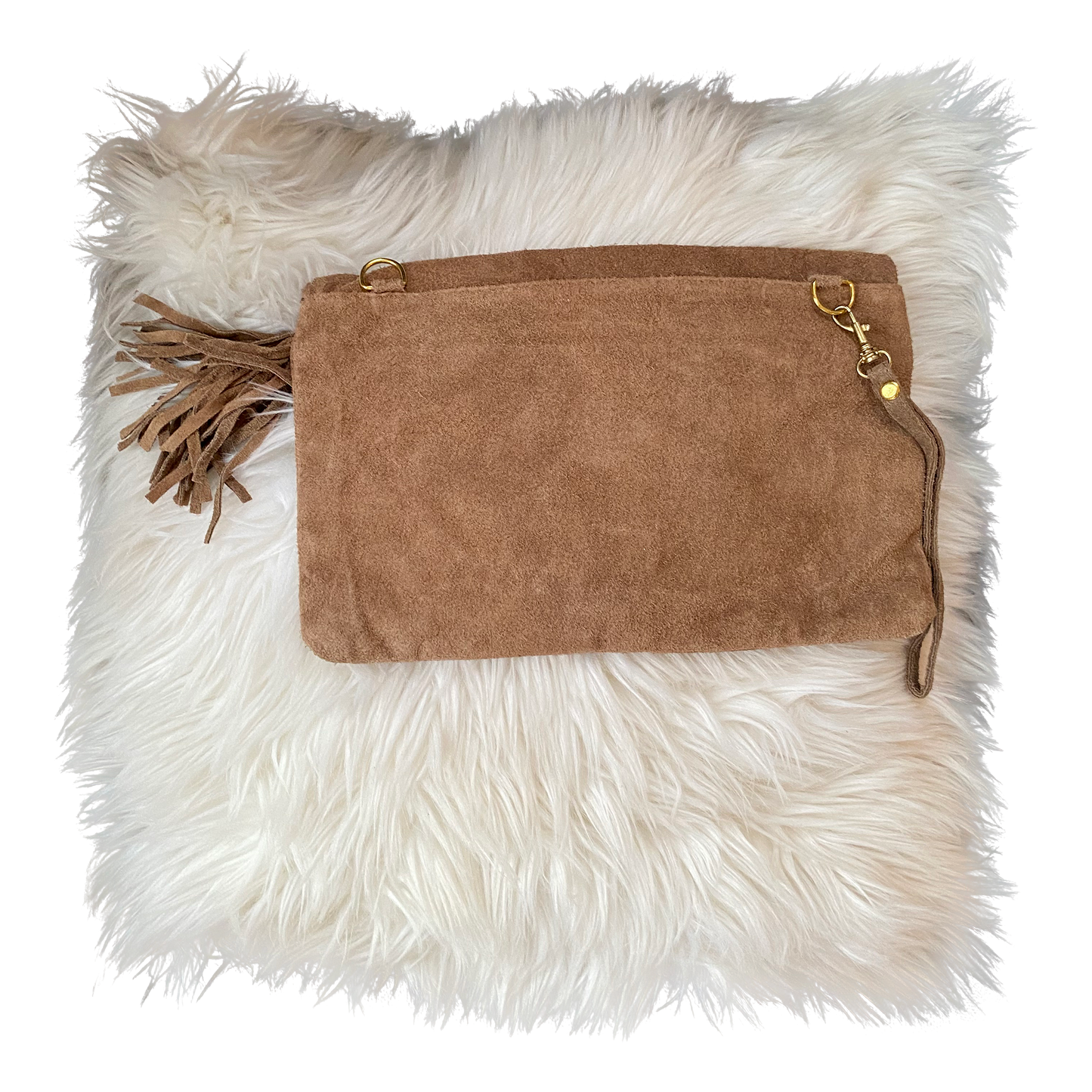 Tan Suede Leather Studded Tassel Crossbody Bag