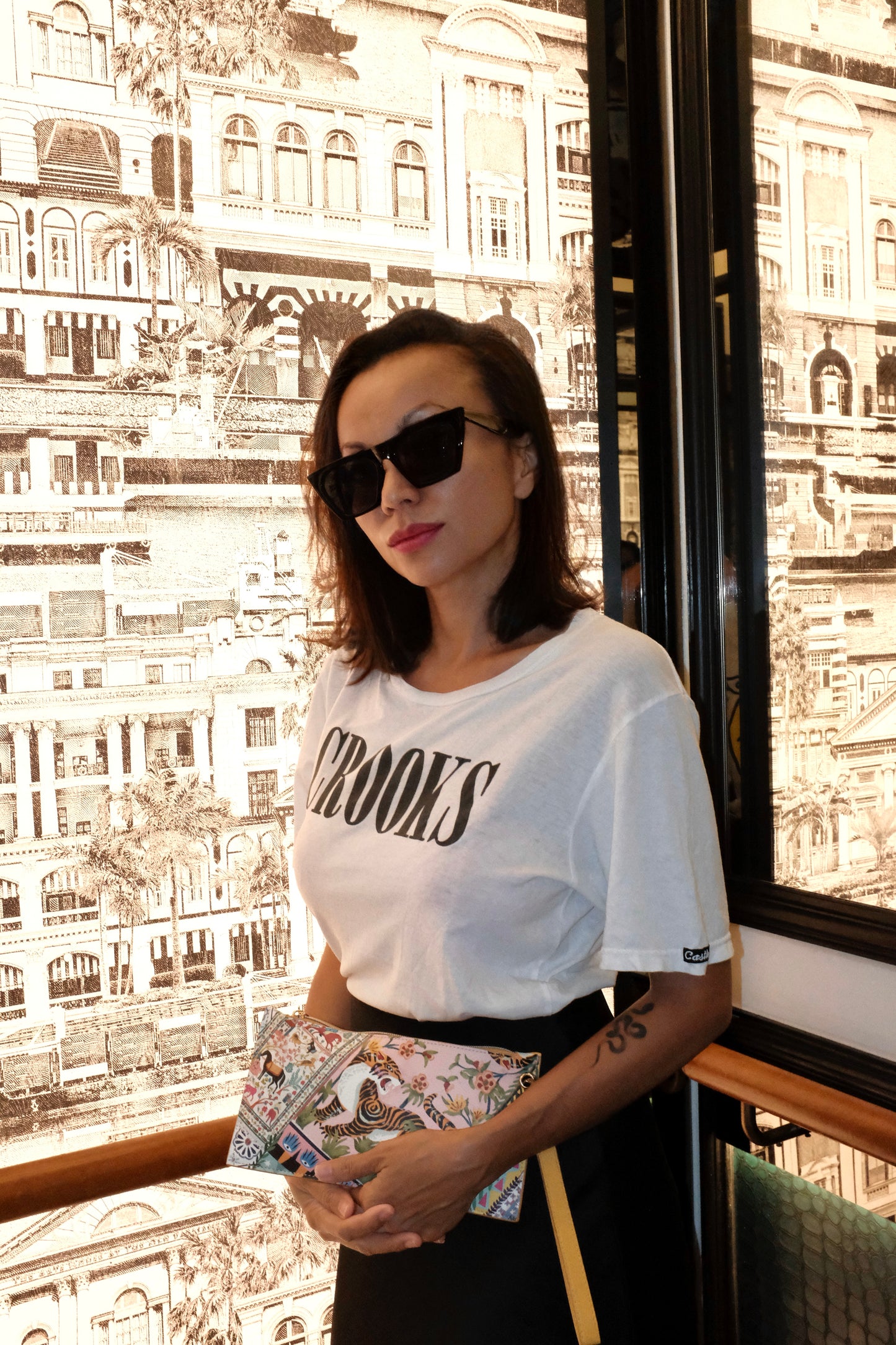 CROOKS front view streetwear graphic t-shirt in white – urban grunge design
