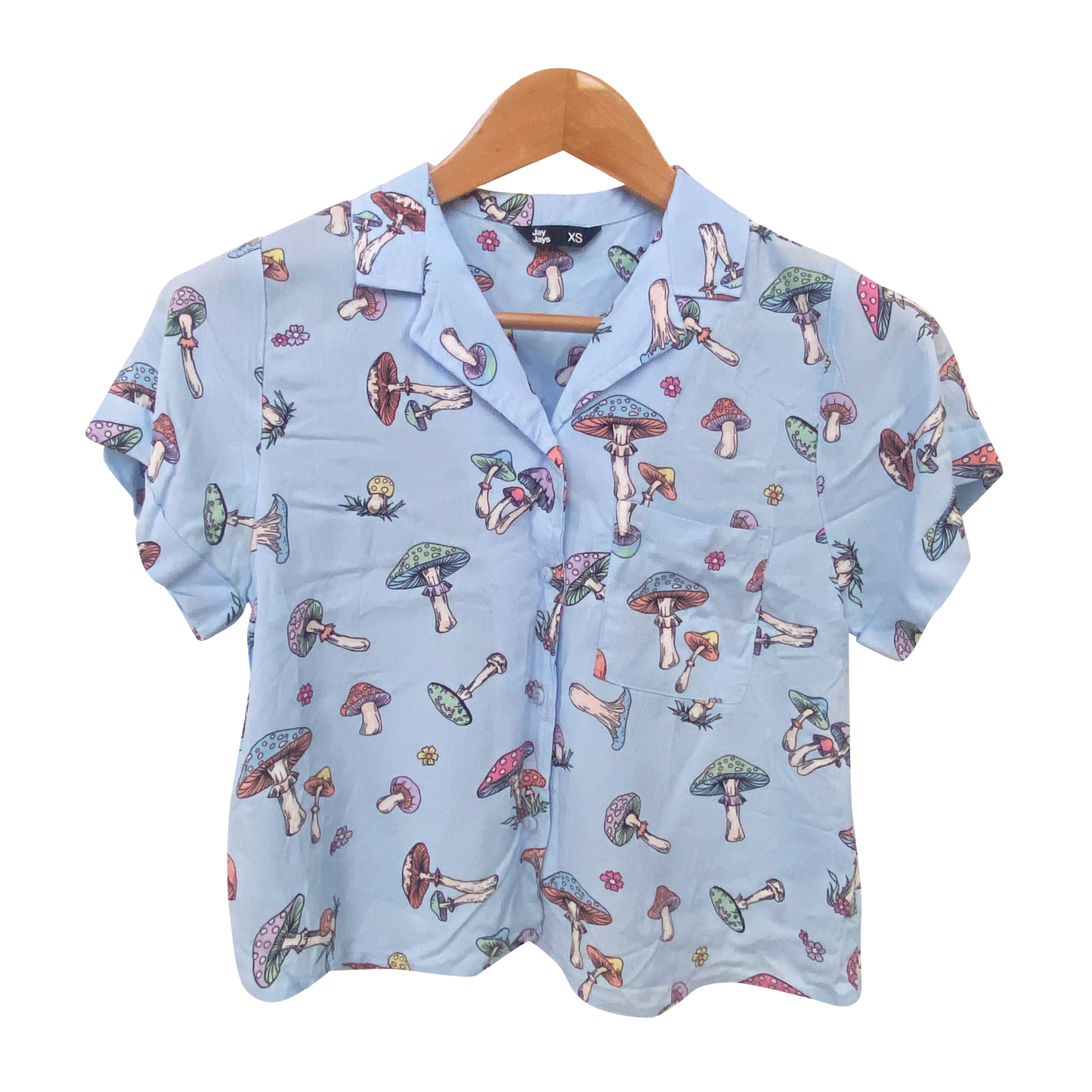 Whimsical Blue Mushroom Print Short Sleeve Blouse