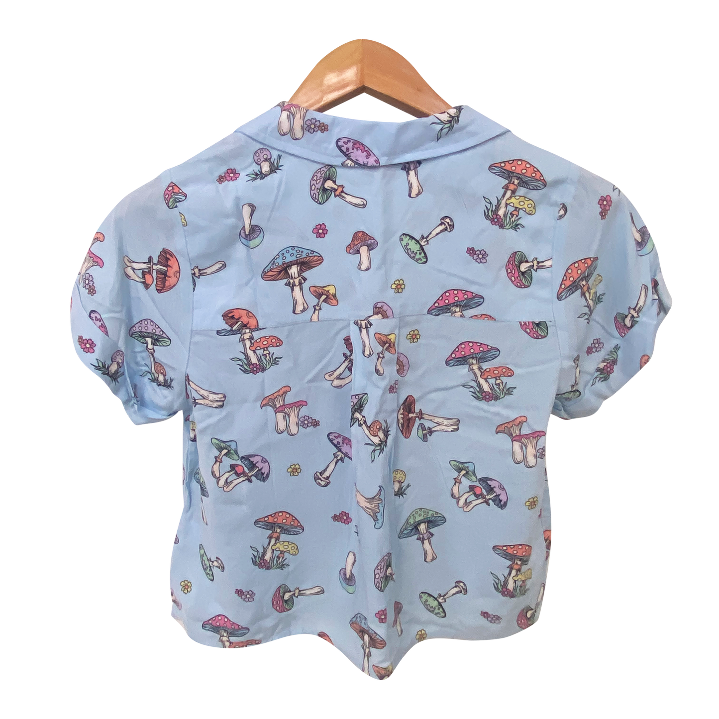 Whimsical Blue Mushroom Print Short Sleeve Blouse