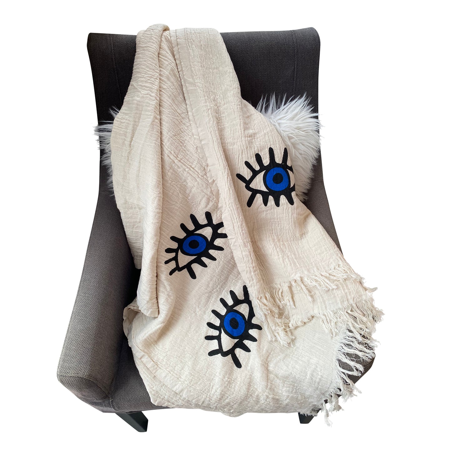 Evil Eye Embroidered Cotton Throw Blanket