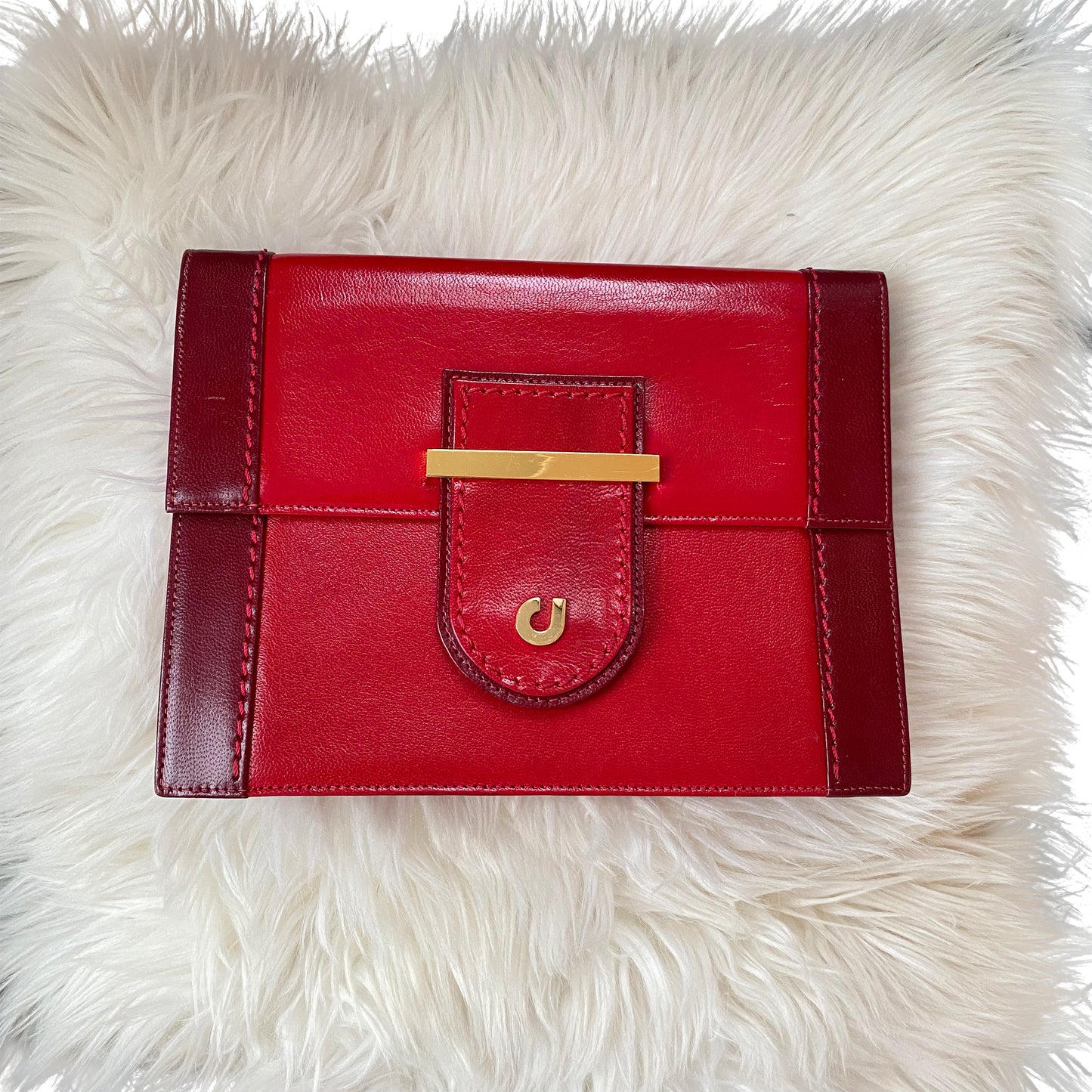 Charles Jourdan Red Leather Clutch with Gold Accent