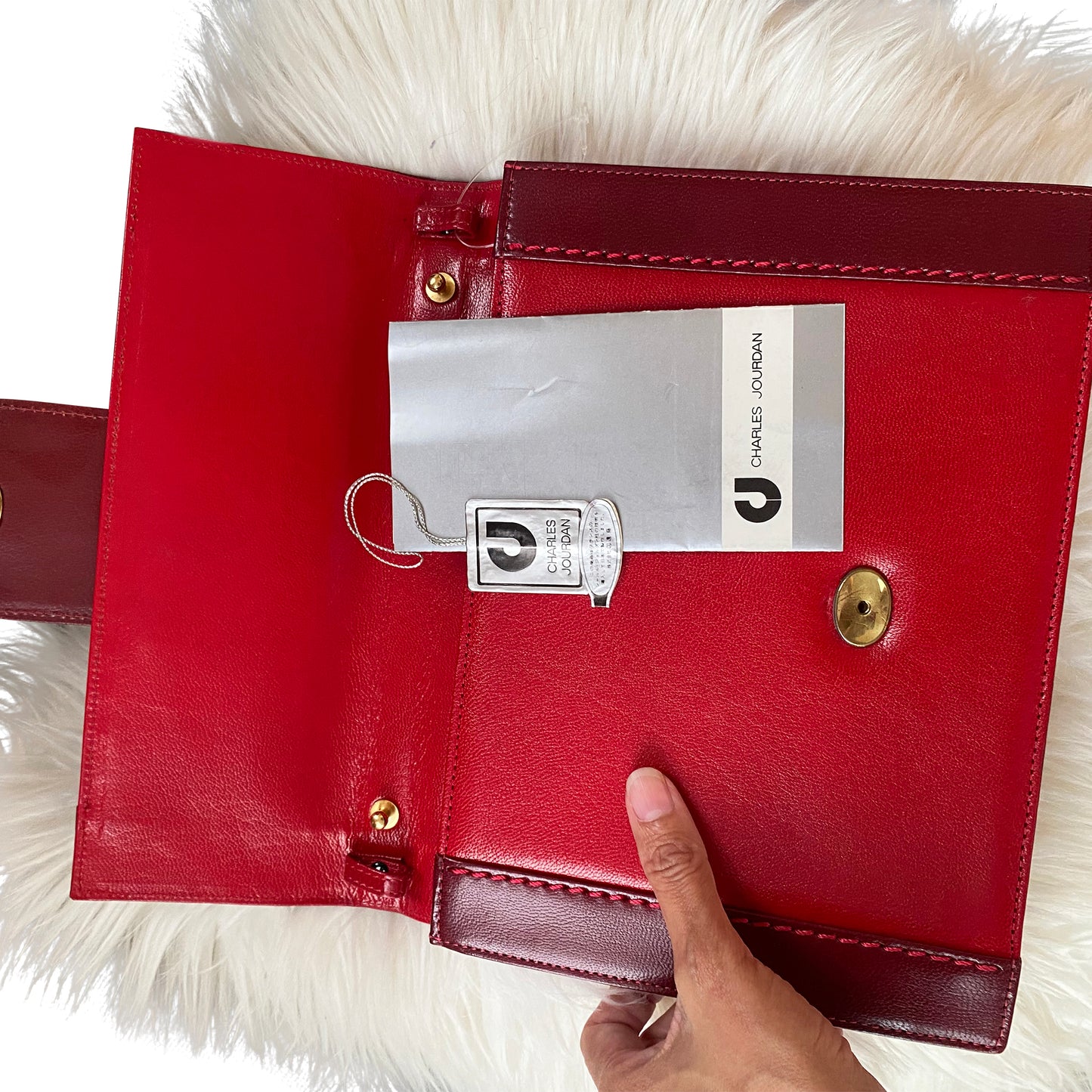 Charles Jourdan Red Leather Clutch with Gold Accent