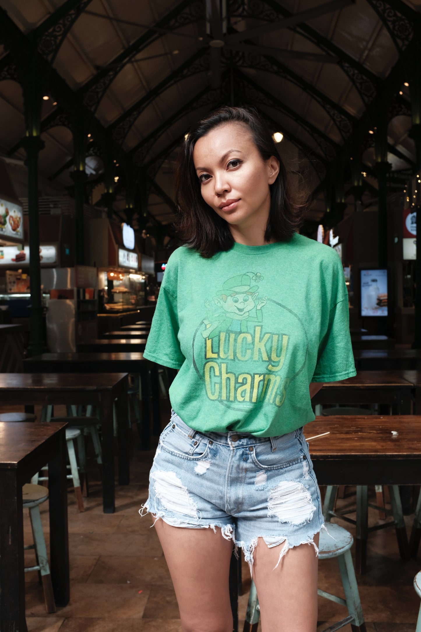 Vintage Lucky Charms green t-shirt with retro cereal character graphic, unisex casual wear