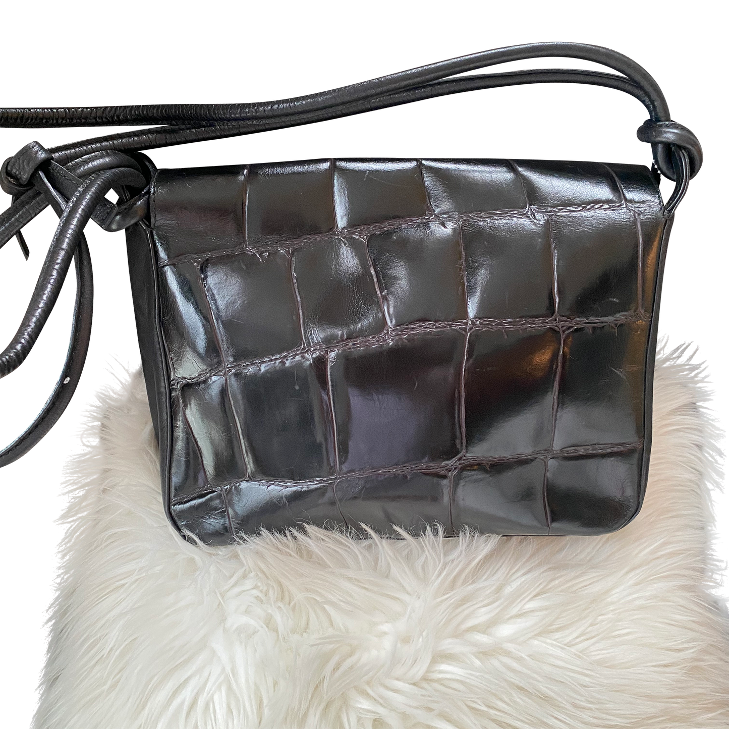 Black Croc-Embossed Leather Shoulder Bag