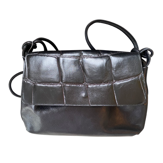 Black Croc-Embossed Leather Shoulder Bag