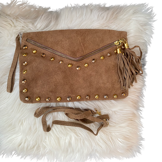 Tan Suede Leather Studded Tassel Crossbody Bag