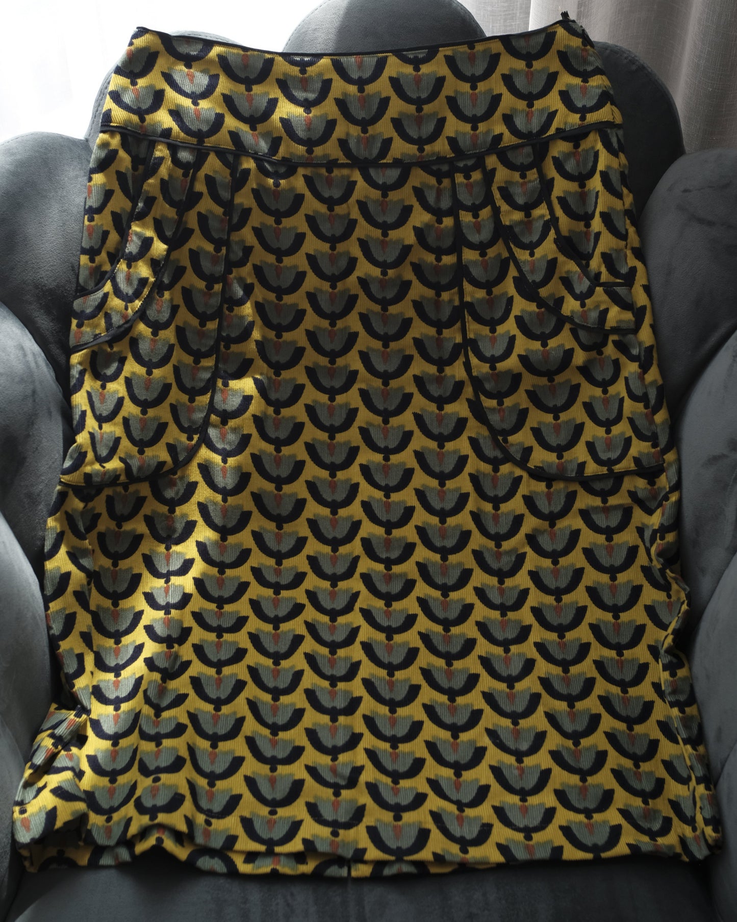 Karma East Mustard Fan Print Corduroy Skirt
