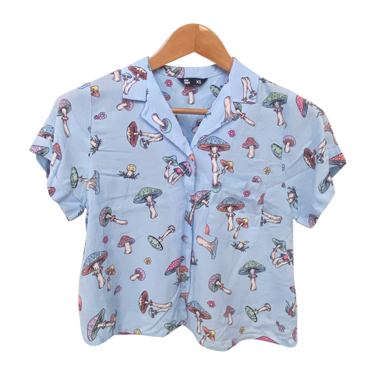 Whimsical Blue Mushroom Print Short Sleeve Blouse