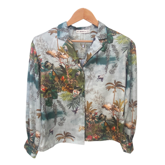 Tropical Garden Print Satin Button-Up Shirt