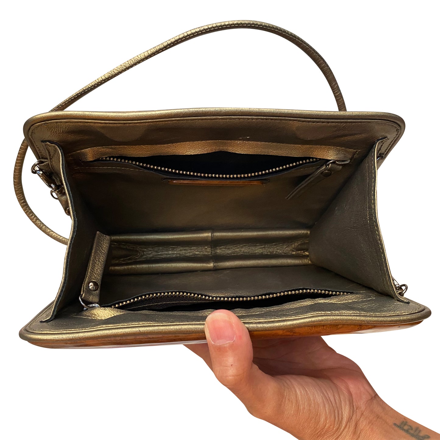 Wood & Metallic Leather Crossbody Bag