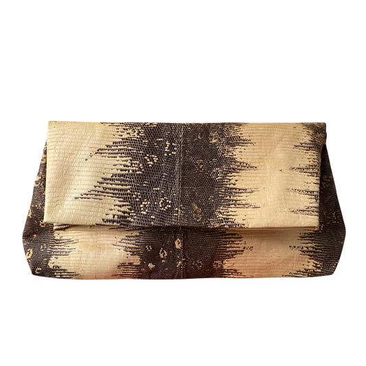 Tosca Brown & Beige Python Embossed Foldover Clutch